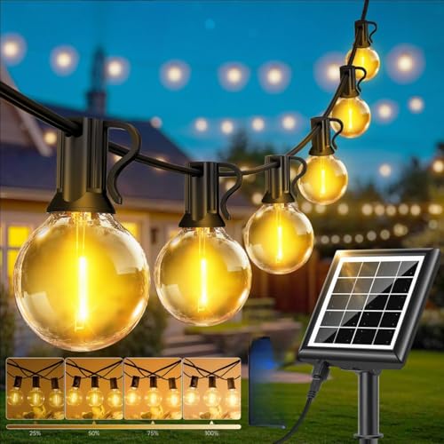 Solar-LED-Lichterkette für den Außenbereich, 30 m/20 m/15 m, 8 Dimmmodi, warmweißes Licht, mit Fernbedienung, wasserdichte und bruchsichere Glühbirnen (15 Meter) von FGRYB