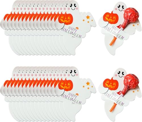 FGTOPBY Lutscher-Karte,Halloween-Lutscherkarten,50pcs Halloween Partyzubehör,Geister Kürbis Muster Lutscherkartenverzierung,Kinder Geschenk Partyzubehör-Dekorationen (Geister 1) von FGTOPBY