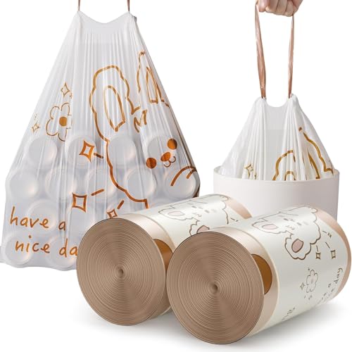 FGUUTYM Müllbeutel mit Kordelzug, Müllbeutel fürs Badezimmer, 120 Stück Mülleimerbeutel für Badezimmer und Küche, Mülleimerbeutel mit weißem Kaninchen-Aufdruck, 1,8 Liter Papiersäcke (H, One Size) von FGUUTYM