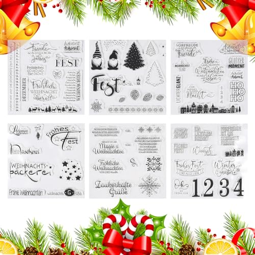 FGen 6PCS Silikonstempel Weihnachten Deutsch, Blätter Clear Stamp Weihnachten, Frohe Weihnachten Stempelset, Silikonstempel Winter, Clear Stempel Set für DIY Scrapbooking Fotoalbum von FGen