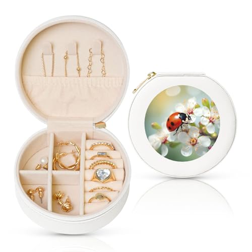 FHEBNDS Leder-Reise-Schmuckkäfig für Damen, Geburtstagsgeschenke, Schmetterling-Marienkäfer-Blumen-Schmuckschatulle mit Reißverschluss, klein, rund, Schmuck-Organizer, Aufbewahrungsbox für Ringe FHEBNDS Leder-Reise-Schmuckkäfig für Damen, Geburtstagsgeschenke, Schmetterling-Marienkäfer-Blumen-Schmuckschatulle mit Reißverschluss, klein, rund, Schmuck-Organizer, Aufbewahrungsbox für Ringe von FHEBNDS