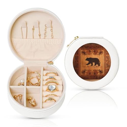 FHEBNDS Leder-Reise-Schmuckkästchen für Damen, Geburtstagsgeschenk, Bär-Schmuckschatulle mit Reißverschluss, klein, rund, Schmuck-Organizer, Aufbewahrungsbox für Ringe, Ohrringe, Halsketten von FHEBNDS