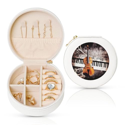 FHEBNDS Leder-Reise-Schmuckkästchen für Damen, Geburtstagsgeschenk, Klavier, Violine, Musiknoten, Schmuckschatulle mit Reißverschluss, klein, rund, Schmuck-Organizer, Aufbewahrungsbox für Ringe FHEBNDS Leder-Reise-Schmuckkästchen für Damen, Geburtstagsgeschenk, Klavier, Violine, Musiknoten, Schmuckschatulle mit Reißverschluss, klein, rund, Schmuck-Organizer, Aufbewahrungsbox für Ringe von FHEBNDS