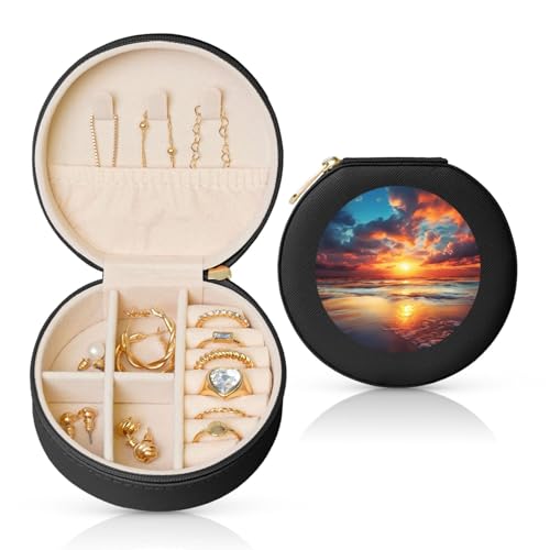 FHEBNDS Leder-Reise-Schmuckkästchen für Damen, Geburtstagsgeschenk, bewölkter Sonnenuntergang, Himmel, Schmuckschatulle mit Reißverschluss, klein, rund, Schmuck-Organizer, Aufbewahrungsbox für Ringe FHEBNDS Leder-Reise-Schmuckkästchen für Damen, Geburtstagsgeschenk, bewölkter Sonnenuntergang, Himmel, Schmuckschatulle mit Reißverschluss, klein, rund, Schmuck-Organizer, Aufbewahrungsbox für Ringe von FHEBNDS