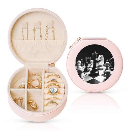 FHEBNDS Leder-Reise-Schmuckkästchen für Damen, Geburtstagsgeschenk, schwarz-weiß, Schach-Schmuckschatulle mit Reißverschluss, klein, rund, Schmuck-Organizer, Aufbewahrungsbox für Ringe, Ohrringe FHEBNDS Leder-Reise-Schmuckkästchen für Damen, Geburtstagsgeschenk, schwarz-weiß, Schach-Schmuckschatulle mit Reißverschluss, klein, rund, Schmuck-Organizer, Aufbewahrungsbox für Ringe, Ohrringe von FHEBNDS