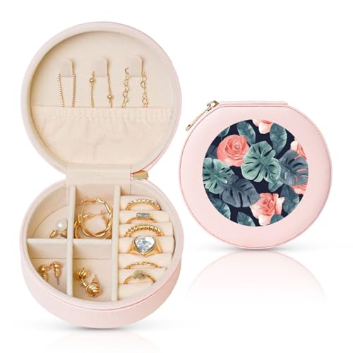 FHEBNDS Leder-Reise-Schmuckkästchen für Damen, Geburtstagsgeschenke, Aquarell-Monstera-Muster, Schmuckschatulle mit Reißverschluss, klein, rund, Schmuck-Organizer, Aufbewahrungsbox für Ringe, Ohrringe FHEBNDS Leder-Reise-Schmuckkästchen für Damen, Geburtstagsgeschenke, Aquarell-Monstera-Muster, Schmuckschatulle mit Reißverschluss, klein, rund, Schmuck-Organizer, Aufbewahrungsbox für Ringe, Ohrringe von FHEBNDS