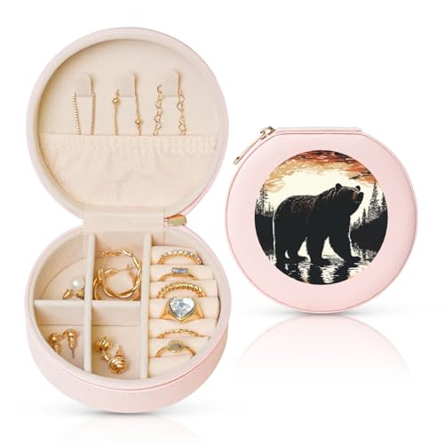 FHEBNDS Leder-Reise-Schmuckkästchen für Damen, Geburtstagsgeschenke, Bär-Silhouette, Schmuckschatulle mit Reißverschluss, klein, rund, Schmuck-Organizer, Aufbewahrungsbox für Ringe, Ohrringe FHEBNDS Leder-Reise-Schmuckkästchen für Damen, Geburtstagsgeschenke, Bär-Silhouette, Schmuckschatulle mit Reißverschluss, klein, rund, Schmuck-Organizer, Aufbewahrungsbox für Ringe, Ohrringe von FHEBNDS