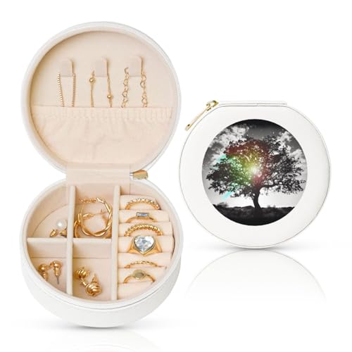 FHEBNDS Leder-Reise-Schmuckkästchen für Damen, Geburtstagsgeschenke, Baumkunst-Schmuckschatulle mit Reißverschluss, klein, rund, Schmuck-Organizer, Aufbewahrungsbox für Ringe, Ohrringe, Halsketten FHEBNDS Leder-Reise-Schmuckkästchen für Damen, Geburtstagsgeschenke, Baumkunst-Schmuckschatulle mit Reißverschluss, klein, rund, Schmuck-Organizer, Aufbewahrungsbox für Ringe, Ohrringe, Halsketten von FHEBNDS