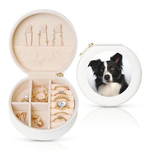 FHEBNDS Leder-Reise-Schmuckkästchen für Damen, Geburtstagsgeschenke, Border Collie-Schmuckschatulle mit Reißverschluss, klein, rund, Schmuck-Organizer, Aufbewahrungsbox für Ringe, Ohrringe, Halsketten FHEBNDS Leder-Reise-Schmuckkästchen für Damen, Geburtstagsgeschenke, Border Collie-Schmuckschatulle mit Reißverschluss, klein, rund, Schmuck-Organizer, Aufbewahrungsbox für Ringe, Ohrringe, Halsketten von FHEBNDS