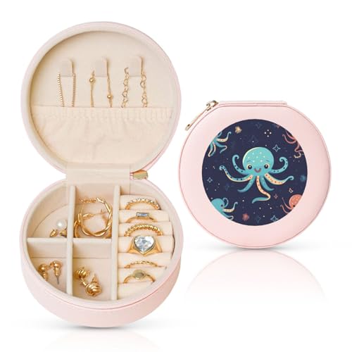 FHEBNDS Leder-Reise-Schmuckkästchen für Damen, Geburtstagsgeschenke, Cartoon-Oktopus-Schmuckschatulle mit Reißverschluss, klein, rund, Schmuck-Organizer, Aufbewahrungsbox für Ringe, Ohrringe FHEBNDS Leder-Reise-Schmuckkästchen für Damen, Geburtstagsgeschenke, Cartoon-Oktopus-Schmuckschatulle mit Reißverschluss, klein, rund, Schmuck-Organizer, Aufbewahrungsbox für Ringe, Ohrringe von FHEBNDS