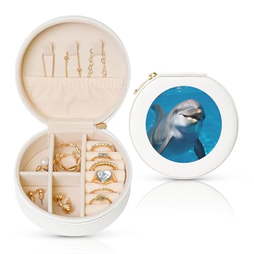 FHEBNDS Leder-Reise-Schmuckkästchen für Damen, Geburtstagsgeschenke, Delfin mit einem Lächeln, Schmuckschatulle mit Reißverschluss, klein, rund, Schmuck-Organizer, Aufbewahrungsbox für Ringe, Ohrringe FHEBNDS Leder-Reise-Schmuckkästchen für Damen, Geburtstagsgeschenke, Delfin mit einem Lächeln, Schmuckschatulle mit Reißverschluss, klein, rund, Schmuck-Organizer, Aufbewahrungsbox für Ringe, Ohrringe von FHEBNDS