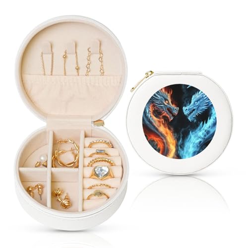 FHEBNDS Leder-Reise-Schmuckkästchen für Damen, Geburtstagsgeschenke, Eis- und Feuerdrachen, Schmuckschatulle mit Reißverschluss, klein, rund, Schmuck-Organizer, Aufbewahrungsbox für Ringe, Ohrringe FHEBNDS Leder-Reise-Schmuckkästchen für Damen, Geburtstagsgeschenke, Eis- und Feuerdrachen, Schmuckschatulle mit Reißverschluss, klein, rund, Schmuck-Organizer, Aufbewahrungsbox für Ringe, Ohrringe von FHEBNDS