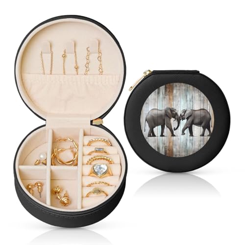 FHEBNDS Leder-Reise-Schmuckkästchen für Damen, Geburtstagsgeschenke, Elefant auf Holz, Schmuckschatulle mit Reißverschluss, klein, rund, Schmuck-Organizer, Aufbewahrungsbox für Ringe, Ohrringe FHEBNDS Leder-Reise-Schmuckkästchen für Damen, Geburtstagsgeschenke, Elefant auf Holz, Schmuckschatulle mit Reißverschluss, klein, rund, Schmuck-Organizer, Aufbewahrungsbox für Ringe, Ohrringe von FHEBNDS