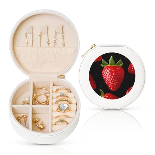 FHEBNDS Leder-Reise-Schmuckkästchen für Damen, Geburtstagsgeschenke, Erdbeer-Schmuckschatulle mit Reißverschluss, klein, rund, Schmuck-Organizer, Aufbewahrungsbox für Ringe, Ohrringe, Halsketten FHEBNDS Leder-Reise-Schmuckkästchen für Damen, Geburtstagsgeschenke, Erdbeer-Schmuckschatulle mit Reißverschluss, klein, rund, Schmuck-Organizer, Aufbewahrungsbox für Ringe, Ohrringe, Halsketten von FHEBNDS