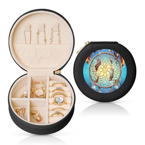 FHEBNDS Leder-Reise-Schmuckkästchen für Damen, Geburtstagsgeschenke, Fang-Traumnetz-Schmuckschatulle mit Reißverschluss, klein, rund, Schmuck-Organizer, Aufbewahrungsbox für Ringe, Ohrringe FHEBNDS Leder-Reise-Schmuckkästchen für Damen, Geburtstagsgeschenke, Fang-Traumnetz-Schmuckschatulle mit Reißverschluss, klein, rund, Schmuck-Organizer, Aufbewahrungsbox für Ringe, Ohrringe von FHEBNDS