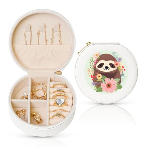 FHEBNDS Leder-Reise-Schmuckkästchen für Damen, Geburtstagsgeschenke, Faultier und Blumen, Schmuckschatulle mit Reißverschluss, klein, rund, Schmuck-Organizer, Aufbewahrungsbox für Ringe, Ohrringe FHEBNDS Leder-Reise-Schmuckkästchen für Damen, Geburtstagsgeschenke, Faultier und Blumen, Schmuckschatulle mit Reißverschluss, klein, rund, Schmuck-Organizer, Aufbewahrungsbox für Ringe, Ohrringe von FHEBNDS
