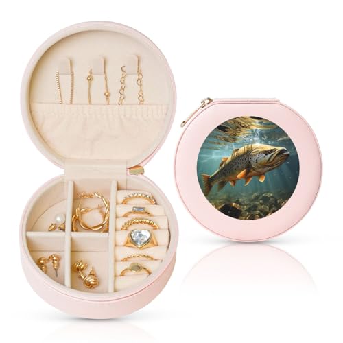 FHEBNDS Leder-Reise-Schmuckkästchen für Damen, Geburtstagsgeschenke, Fisch-Schmuckschatulle mit Reißverschluss, klein, rund, Schmuck-Organizer, Aufbewahrungsbox für Ringe, Ohrringe, Halsketten FHEBNDS Leder-Reise-Schmuckkästchen für Damen, Geburtstagsgeschenke, Fisch-Schmuckschatulle mit Reißverschluss, klein, rund, Schmuck-Organizer, Aufbewahrungsbox für Ringe, Ohrringe, Halsketten von FHEBNDS