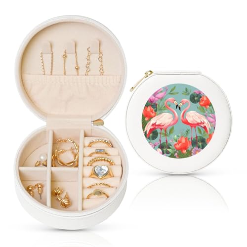 FHEBNDS Leder-Reise-Schmuckkästchen für Damen, Geburtstagsgeschenke, Flamingo-Liebesblumen-Schmuckschatulle mit Reißverschluss, klein, rund, Schmuck-Organizer, Aufbewahrungsbox für Ringe, Ohrringe FHEBNDS Leder-Reise-Schmuckkästchen für Damen, Geburtstagsgeschenke, Flamingo-Liebesblumen-Schmuckschatulle mit Reißverschluss, klein, rund, Schmuck-Organizer, Aufbewahrungsbox für Ringe, Ohrringe von FHEBNDS