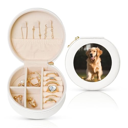 FHEBNDS Leder-Reise-Schmuckkästchen für Damen, Geburtstagsgeschenke, Golden Retriever-Hunde-Schmuckschatulle mit Reißverschluss, klein, rund, Schmuck-Organizer, Aufbewahrungsbox für Ringe, Ohrringe FHEBNDS Leder-Reise-Schmuckkästchen für Damen, Geburtstagsgeschenke, Golden Retriever-Hunde-Schmuckschatulle mit Reißverschluss, klein, rund, Schmuck-Organizer, Aufbewahrungsbox für Ringe, Ohrringe von FHEBNDS