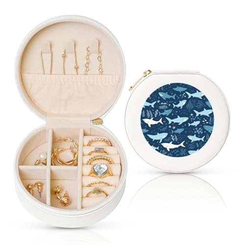 FHEBNDS Leder-Reise-Schmuckkästchen für Damen, Geburtstagsgeschenke, Hai-Schmuckschatulle mit Reißverschluss, klein, rund, Schmuck-Organizer, Aufbewahrungsbox für Ringe, Ohrringe, Halsketten FHEBNDS Leder-Reise-Schmuckkästchen für Damen, Geburtstagsgeschenke, Hai-Schmuckschatulle mit Reißverschluss, klein, rund, Schmuck-Organizer, Aufbewahrungsbox für Ringe, Ohrringe, Halsketten von FHEBNDS