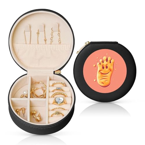 FHEBNDS Leder-Reise-Schmuckkästchen für Damen, Geburtstagsgeschenke, Happy Foot Schmuckschatulle mit Reißverschluss, klein, rund, Schmuck-Organizer, Aufbewahrungsbox für Ringe, Ohrringe, Halsketten FHEBNDS Leder-Reise-Schmuckkästchen für Damen, Geburtstagsgeschenke, Happy Foot Schmuckschatulle mit Reißverschluss, klein, rund, Schmuck-Organizer, Aufbewahrungsbox für Ringe, Ohrringe, Halsketten von FHEBNDS