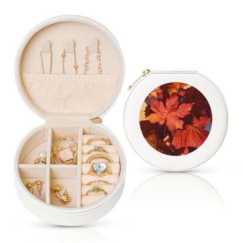 FHEBNDS Leder-Reise-Schmuckkästchen für Damen, Geburtstagsgeschenke, Herbst-Ahornblätter-Schmuckschatulle mit Reißverschluss, klein, rund, Schmuck-Organizer, Aufbewahrungsbox für Ringe, Ohrringe FHEBNDS Leder-Reise-Schmuckkästchen für Damen, Geburtstagsgeschenke, Herbst-Ahornblätter-Schmuckschatulle mit Reißverschluss, klein, rund, Schmuck-Organizer, Aufbewahrungsbox für Ringe, Ohrringe von FHEBNDS