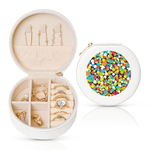 FHEBNDS Leder-Reise-Schmuckkästchen für Damen, Geburtstagsgeschenke, Konfetti, helles Muster, Schmuckschatulle mit Reißverschluss, klein, rund, Schmuck-Organizer, Aufbewahrungsbox für Ringe, Ohrringe FHEBNDS Leder-Reise-Schmuckkästchen für Damen, Geburtstagsgeschenke, Konfetti, helles Muster, Schmuckschatulle mit Reißverschluss, klein, rund, Schmuck-Organizer, Aufbewahrungsbox für Ringe, Ohrringe von FHEBNDS