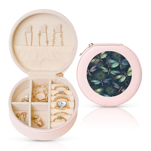 FHEBNDS Leder-Reise-Schmuckkästchen für Damen, Geburtstagsgeschenke, Libellenmuster, Schmuckschatulle mit Reißverschluss, klein, rund, Schmuck-Organizer, Aufbewahrungsbox für Ringe, Ohrringe FHEBNDS Leder-Reise-Schmuckkästchen für Damen, Geburtstagsgeschenke, Libellenmuster, Schmuckschatulle mit Reißverschluss, klein, rund, Schmuck-Organizer, Aufbewahrungsbox für Ringe, Ohrringe von FHEBNDS