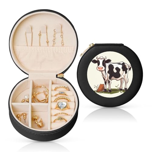 FHEBNDS Leder-Reise-Schmuckkästchen für Damen, Geburtstagsgeschenke, Milchkuh-Schmuckschatulle mit Reißverschluss, klein, rund, Schmuck-Organizer, Aufbewahrungsbox für Ringe, Ohrringe, Halsketten FHEBNDS Leder-Reise-Schmuckkästchen für Damen, Geburtstagsgeschenke, Milchkuh-Schmuckschatulle mit Reißverschluss, klein, rund, Schmuck-Organizer, Aufbewahrungsbox für Ringe, Ohrringe, Halsketten von FHEBNDS