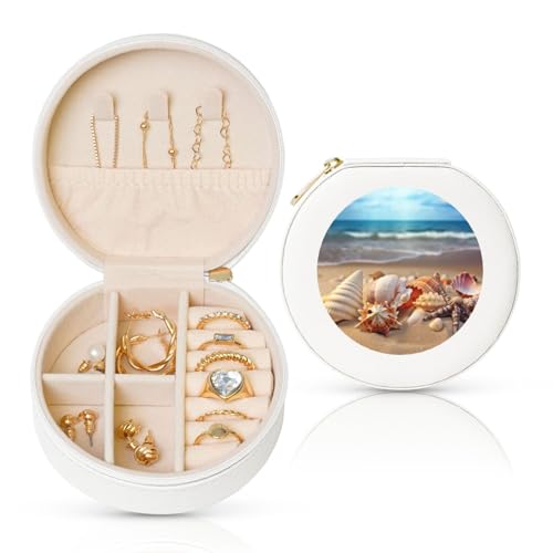 FHEBNDS Leder-Reise-Schmuckkästchen für Damen, Geburtstagsgeschenke, Muscheln am Sandstrand, Schmuckschatulle mit Reißverschluss, klein, rund, Schmuck-Organizer, Aufbewahrungsbox für Ringe, Ohrringe FHEBNDS Leder-Reise-Schmuckkästchen für Damen, Geburtstagsgeschenke, Muscheln am Sandstrand, Schmuckschatulle mit Reißverschluss, klein, rund, Schmuck-Organizer, Aufbewahrungsbox für Ringe, Ohrringe von FHEBNDS
