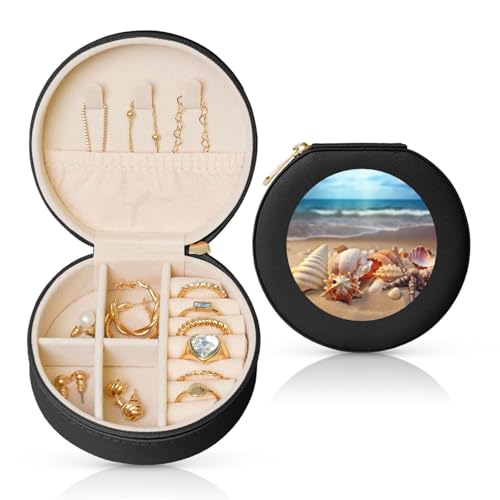 FHEBNDS Leder-Reise-Schmuckkästchen für Damen, Geburtstagsgeschenke, Muscheln am Sandstrand, Schmuckschatulle mit Reißverschluss, klein, rund, Schmuck-Organizer, Aufbewahrungsbox für Ringe, Ohrringe FHEBNDS Leder-Reise-Schmuckkästchen für Damen, Geburtstagsgeschenke, Muscheln am Sandstrand, Schmuckschatulle mit Reißverschluss, klein, rund, Schmuck-Organizer, Aufbewahrungsbox für Ringe, Ohrringe von FHEBNDS