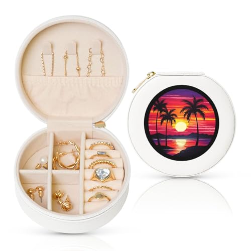 FHEBNDS Leder-Reise-Schmuckkästchen für Damen, Geburtstagsgeschenke, Palmen-Sonnenuntergang-Design, Schmuckschatulle mit Reißverschluss, klein, rund, Schmuck-Organizer, Aufbewahrungsbox für Ringe FHEBNDS Leder-Reise-Schmuckkästchen für Damen, Geburtstagsgeschenke, Palmen-Sonnenuntergang-Design, Schmuckschatulle mit Reißverschluss, klein, rund, Schmuck-Organizer, Aufbewahrungsbox für Ringe von FHEBNDS