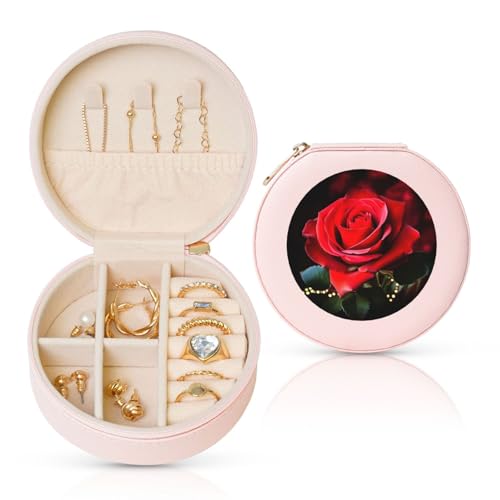 FHEBNDS Leder-Reise-Schmuckkästchen für Damen, Geburtstagsgeschenke, Rosenblüten-Schmuckschatulle mit Reißverschluss, klein, rund, Schmuck-Organizer, Aufbewahrungsbox für Ringe, Ohrringe, Halsketten FHEBNDS Leder-Reise-Schmuckkästchen für Damen, Geburtstagsgeschenke, Rosenblüten-Schmuckschatulle mit Reißverschluss, klein, rund, Schmuck-Organizer, Aufbewahrungsbox für Ringe, Ohrringe, Halsketten von FHEBNDS