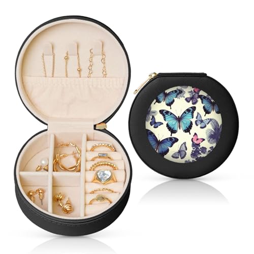FHEBNDS Leder-Reise-Schmuckkästchen für Damen, Geburtstagsgeschenke, Schmetterlings-Schmuckschatulle mit Reißverschluss, klein, rund, Schmuck-Organizer, Aufbewahrungsbox für Ringe, Ohrringe FHEBNDS Leder-Reise-Schmuckkästchen für Damen, Geburtstagsgeschenke, Schmetterlings-Schmuckschatulle mit Reißverschluss, klein, rund, Schmuck-Organizer, Aufbewahrungsbox für Ringe, Ohrringe von FHEBNDS