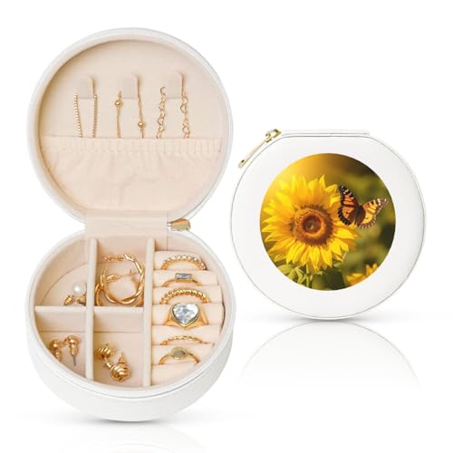 FHEBNDS Leder-Reise-Schmuckkästchen für Damen, Geburtstagsgeschenke, Sonnenblumen-, Schmetterlings-, sonnige Schmuckschatulle mit Reißverschluss, klein, rund, Schmuck-Organizer, Aufbewahrungsbox für FHEBNDS Leder-Reise-Schmuckkästchen für Damen, Geburtstagsgeschenke, Sonnenblumen-, Schmetterlings-, sonnige Schmuckschatulle mit Reißverschluss, klein, rund, Schmuck-Organizer, Aufbewahrungsbox für von FHEBNDS