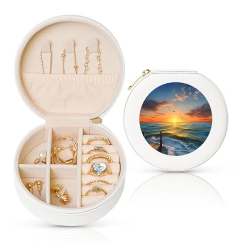 FHEBNDS Leder-Reise-Schmuckkästchen für Damen, Geburtstagsgeschenke, Sonnenuntergang Meer, Schmuckschatulle mit Reißverschluss, klein, rund, Schmuck-Organizer, Aufbewahrungsbox für Ringe, Ohrringe FHEBNDS Leder-Reise-Schmuckkästchen für Damen, Geburtstagsgeschenke, Sonnenuntergang Meer, Schmuckschatulle mit Reißverschluss, klein, rund, Schmuck-Organizer, Aufbewahrungsbox für Ringe, Ohrringe von FHEBNDS
