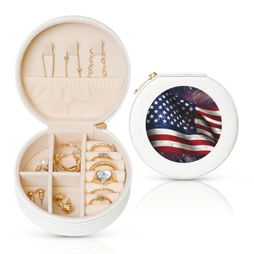 FHEBNDS Leder-Reise-Schmuckkästchen für Damen, Geburtstagsgeschenke, US-Flagge, Schmuckschatulle mit Reißverschluss, klein, rund, Schmuck-Organizer, Aufbewahrungsbox für Ringe, Ohrringe, Halsketten FHEBNDS Leder-Reise-Schmuckkästchen für Damen, Geburtstagsgeschenke, US-Flagge, Schmuckschatulle mit Reißverschluss, klein, rund, Schmuck-Organizer, Aufbewahrungsbox für Ringe, Ohrringe, Halsketten von FHEBNDS
