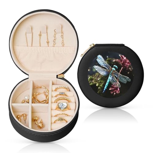 FHEBNDS Leder-Reise-Schmuckkästchen für Damen, Geburtstagsgeschenke, blaue Libellen-Schmuckschatulle mit Reißverschluss, klein, rund, Schmuck-Organizer, Aufbewahrungsbox für Ringe, Ohrringe FHEBNDS Leder-Reise-Schmuckkästchen für Damen, Geburtstagsgeschenke, blaue Libellen-Schmuckschatulle mit Reißverschluss, klein, rund, Schmuck-Organizer, Aufbewahrungsbox für Ringe, Ohrringe von FHEBNDS
