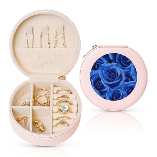 FHEBNDS Leder-Reise-Schmuckkästchen für Damen, Geburtstagsgeschenke, blaue Rose, Schmuckschatulle mit Reißverschluss, klein, rund, Schmuck-Organizer, Aufbewahrungsbox für Ringe, Ohrringe, Halsketten FHEBNDS Leder-Reise-Schmuckkästchen für Damen, Geburtstagsgeschenke, blaue Rose, Schmuckschatulle mit Reißverschluss, klein, rund, Schmuck-Organizer, Aufbewahrungsbox für Ringe, Ohrringe, Halsketten von FHEBNDS