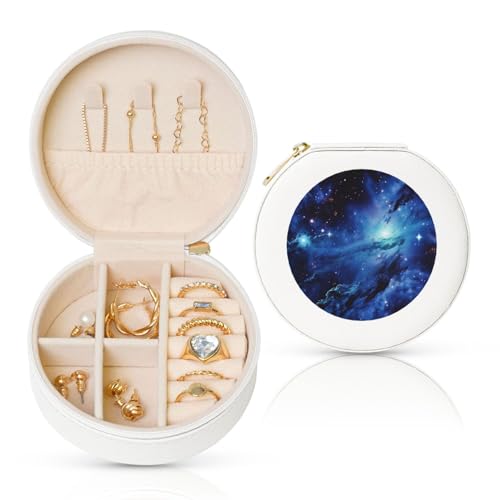 FHEBNDS Leder-Reise-Schmuckkästchen für Damen, Geburtstagsgeschenke, blaues Universum, Weltraum-Galaxie-Schmuckschatulle mit Reißverschluss, klein, rund, Schmuck-Organizer, Aufbewahrungsbox für Ringe FHEBNDS Leder-Reise-Schmuckkästchen für Damen, Geburtstagsgeschenke, blaues Universum, Weltraum-Galaxie-Schmuckschatulle mit Reißverschluss, klein, rund, Schmuck-Organizer, Aufbewahrungsbox für Ringe von FHEBNDS
