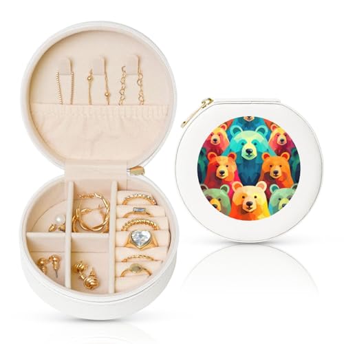 FHEBNDS Leder-Reise-Schmuckkästchen für Damen, Geburtstagsgeschenke, bunte Bären-Schmuckschatulle mit Reißverschluss, klein, rund, Schmuck-Organizer, Aufbewahrungsbox für Ringe, Ohrringe, Halsketten FHEBNDS Leder-Reise-Schmuckkästchen für Damen, Geburtstagsgeschenke, bunte Bären-Schmuckschatulle mit Reißverschluss, klein, rund, Schmuck-Organizer, Aufbewahrungsbox für Ringe, Ohrringe, Halsketten von FHEBNDS