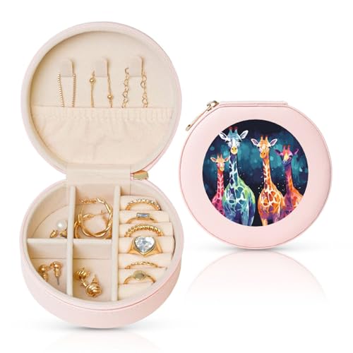 FHEBNDS Leder-Reise-Schmuckkästchen für Damen, Geburtstagsgeschenke, bunte Giraffen-Fans, Liebhaber, Schmuckschatulle mit Reißverschluss, klein, rund, Schmuck-Organizer, Aufbewahrungsbox für Ringe FHEBNDS Leder-Reise-Schmuckkästchen für Damen, Geburtstagsgeschenke, bunte Giraffen-Fans, Liebhaber, Schmuckschatulle mit Reißverschluss, klein, rund, Schmuck-Organizer, Aufbewahrungsbox für Ringe von FHEBNDS