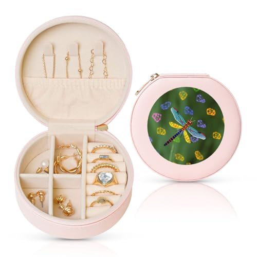 FHEBNDS Leder-Reise-Schmuckkästchen für Damen, Geburtstagsgeschenke, bunte Libellen-Schmuckschatulle mit Reißverschluss, klein, rund, Schmuck-Organizer, Aufbewahrungsbox für Ringe, Ohrringe FHEBNDS Leder-Reise-Schmuckkästchen für Damen, Geburtstagsgeschenke, bunte Libellen-Schmuckschatulle mit Reißverschluss, klein, rund, Schmuck-Organizer, Aufbewahrungsbox für Ringe, Ohrringe von FHEBNDS