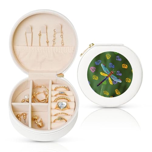 FHEBNDS Leder-Reise-Schmuckkästchen für Damen, Geburtstagsgeschenke, bunte Libellen-Schmuckschatulle mit Reißverschluss, klein, rund, Schmuck-Organizer, Aufbewahrungsbox für Ringe, Ohrringe von FHEBNDS