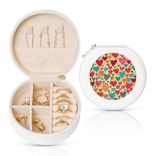 FHEBNDS Leder-Reise-Schmuckkästchen für Damen, Geburtstagsgeschenke, buntes Herzmuster, Schmuckschatulle mit Reißverschluss, klein, rund, Schmuck-Organizer, Aufbewahrungsbox für Ringe, Ohrringe FHEBNDS Leder-Reise-Schmuckkästchen für Damen, Geburtstagsgeschenke, buntes Herzmuster, Schmuckschatulle mit Reißverschluss, klein, rund, Schmuck-Organizer, Aufbewahrungsbox für Ringe, Ohrringe von FHEBNDS
