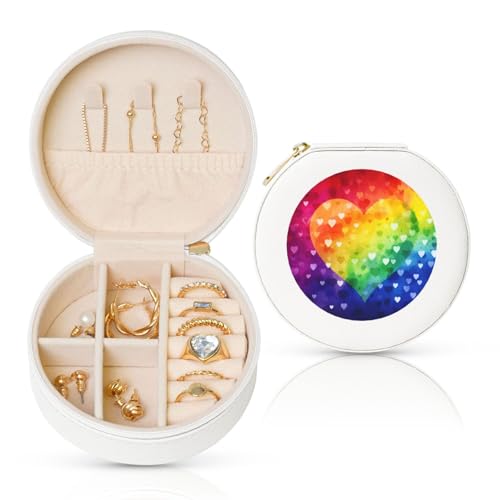 FHEBNDS Leder-Reise-Schmuckkästchen für Damen, Geburtstagsgeschenke, buntes Regenbogen-Liebesherz, Schmuckschatulle mit Reißverschluss, klein, rund, Schmuck-Organizer, Aufbewahrungsbox für Ringe FHEBNDS Leder-Reise-Schmuckkästchen für Damen, Geburtstagsgeschenke, buntes Regenbogen-Liebesherz, Schmuckschatulle mit Reißverschluss, klein, rund, Schmuck-Organizer, Aufbewahrungsbox für Ringe von FHEBNDS