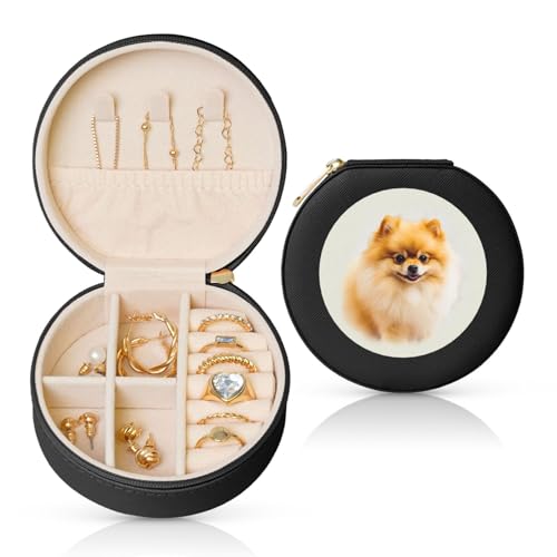 FHEBNDS Leder-Reise-Schmuckkästchen für Damen, Geburtstagsgeschenke, gelbe Pomeranian Schmuckschatulle mit Reißverschluss, klein, rund, Schmuck-Organizer, Aufbewahrungsbox für Ringe, Ohrringe FHEBNDS Leder-Reise-Schmuckkästchen für Damen, Geburtstagsgeschenke, gelbe Pomeranian Schmuckschatulle mit Reißverschluss, klein, rund, Schmuck-Organizer, Aufbewahrungsbox für Ringe, Ohrringe von FHEBNDS
