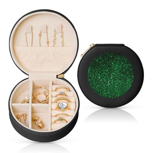FHEBNDS Leder-Reise-Schmuckkästchen für Damen, Geburtstagsgeschenke, grüne Pailletten, glitzernde Schmuckschatulle mit Reißverschluss, klein, rund, Schmuck-Organizer, Aufbewahrungsbox für Ringe FHEBNDS Leder-Reise-Schmuckkästchen für Damen, Geburtstagsgeschenke, grüne Pailletten, glitzernde Schmuckschatulle mit Reißverschluss, klein, rund, Schmuck-Organizer, Aufbewahrungsbox für Ringe von FHEBNDS