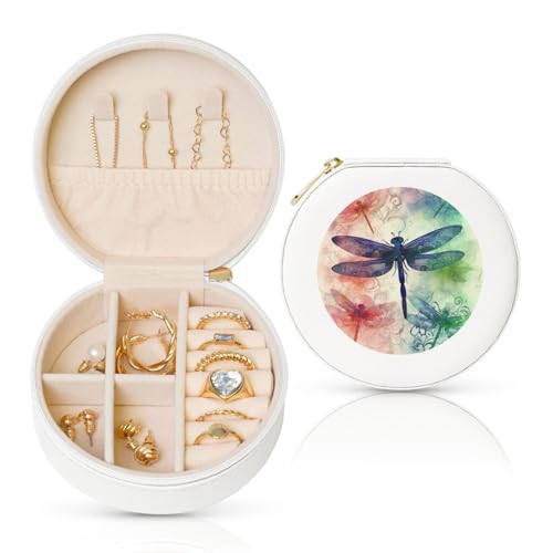 FHEBNDS Leder-Reise-Schmuckkästchen für Damen, Geburtstagsgeschenke, moderne Libellen-Schmuckschatulle mit Reißverschluss, klein, rund, Schmuck-Organizer, Aufbewahrungsbox für Ringe, Ohrringe FHEBNDS Leder-Reise-Schmuckkästchen für Damen, Geburtstagsgeschenke, moderne Libellen-Schmuckschatulle mit Reißverschluss, klein, rund, Schmuck-Organizer, Aufbewahrungsbox für Ringe, Ohrringe von FHEBNDS