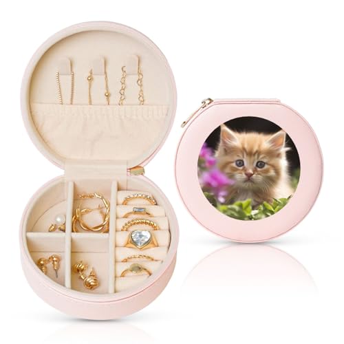 FHEBNDS Leder-Reise-Schmuckkästchen für Damen, Geburtstagsgeschenke, niedliche Katzen-Schmuckschatulle mit Reißverschluss, klein, rund, Schmuck-Organizer, Aufbewahrungsbox für Ringe, Ohrringe von FHEBNDS